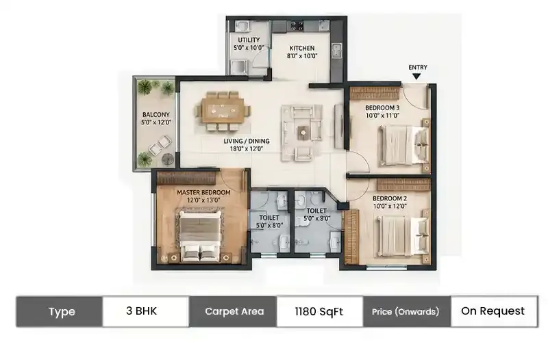 Hines Powai 3 BHK floor plan, 1180 sq ft carpet area
