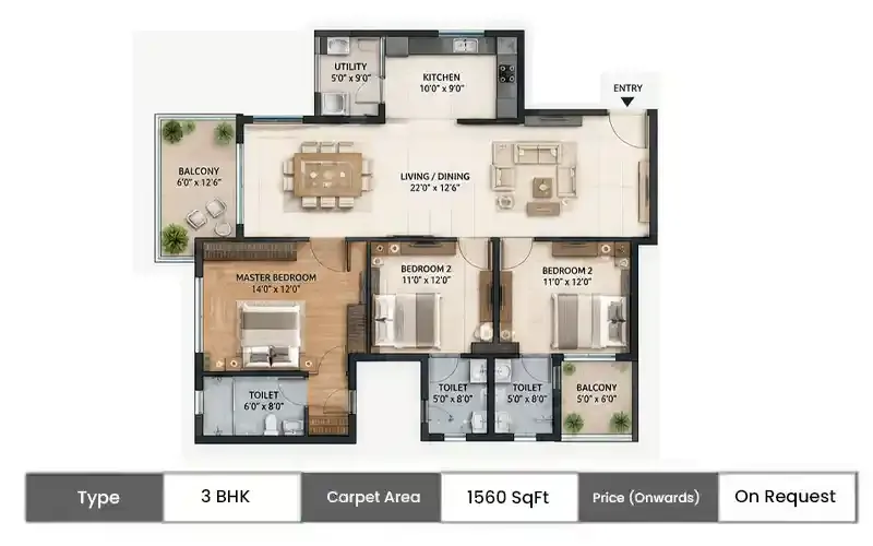 Hines Powai 3 BHK floor plan, 1560 sq ft carpet area