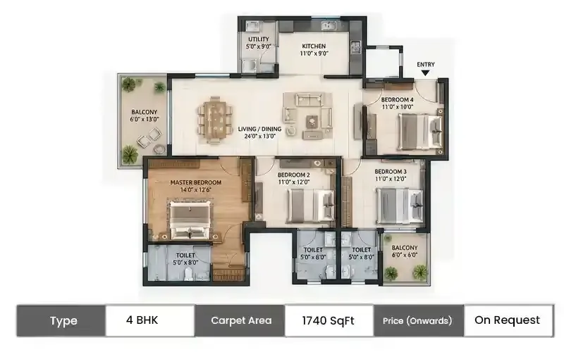 Hines Powai 4 BHK floor plan, 1740 sq ft carpet area